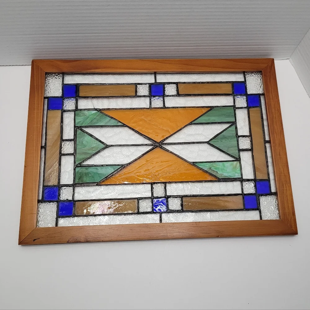 Geometric Stained Glass Panel In Wood Frame Vintage Window or Wall Decor RARE
